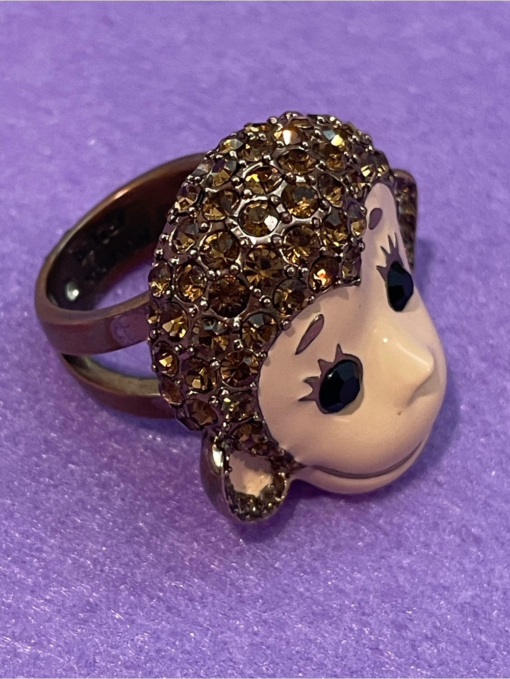 Vintage Betsey Johnson Rhinestone Monkey Ring Size 7.75 Bling Chunky